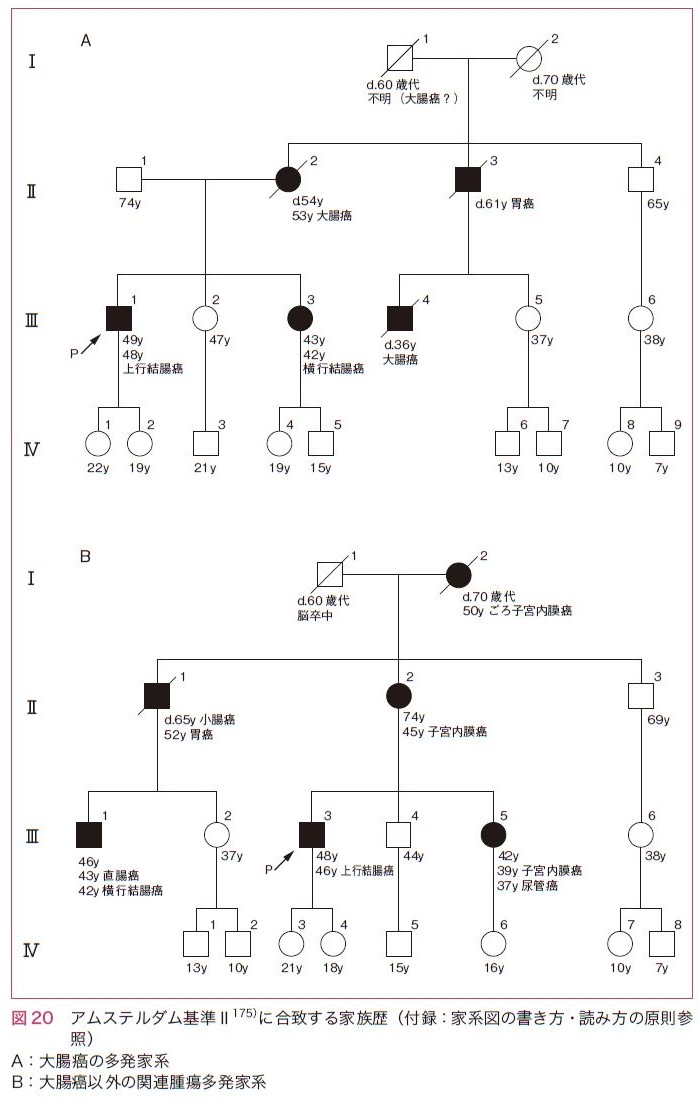 図20　アムステルダム基準Ⅱに合致する家族歴（付録：家系図の書き方・読み方の原則参照）