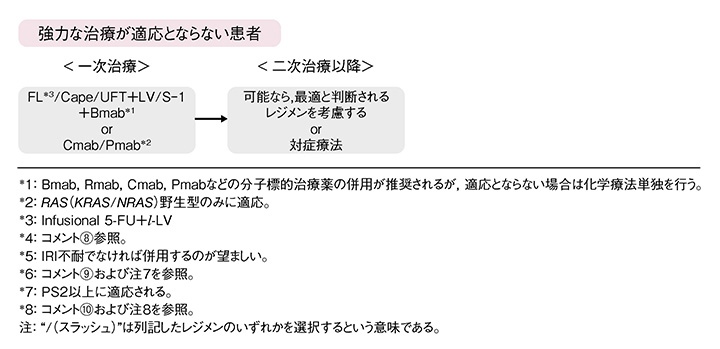 切除不能進行再発大腸癌に対する化学療法のアルゴリズム　強力な治療が適応とならない患者