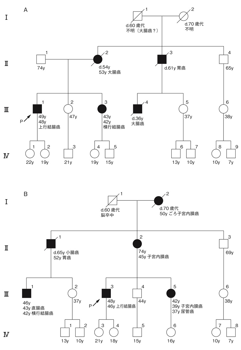 図22 アムステルダム基準Ⅱ215)に合致する家族歴(付録:家系図の書き方・読み方の原則参照)